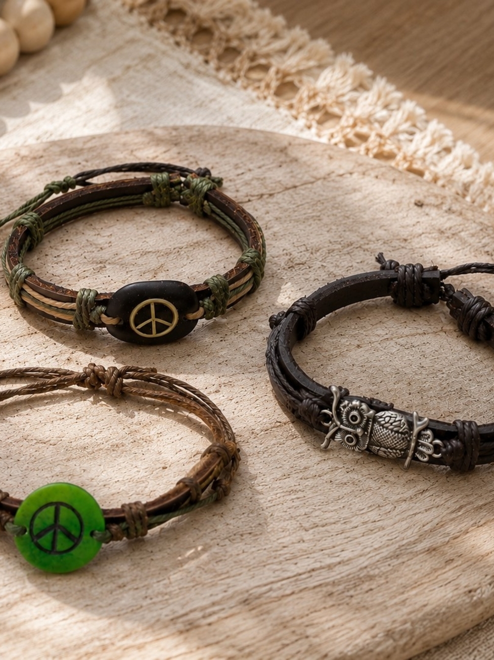Bohemian Peace Sign & Owl Leather Bracelet Set - Green, Brown, Black